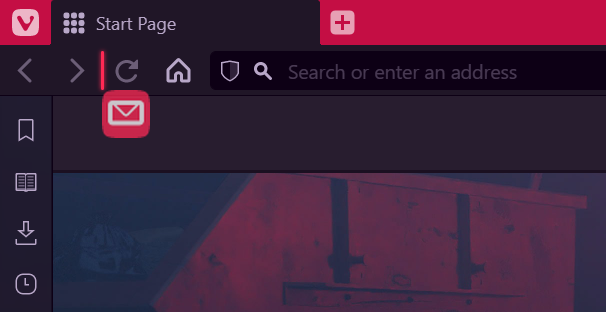 Vivaldi window, showing the moving of the Mail button from the Status Bar to the Address Bar.