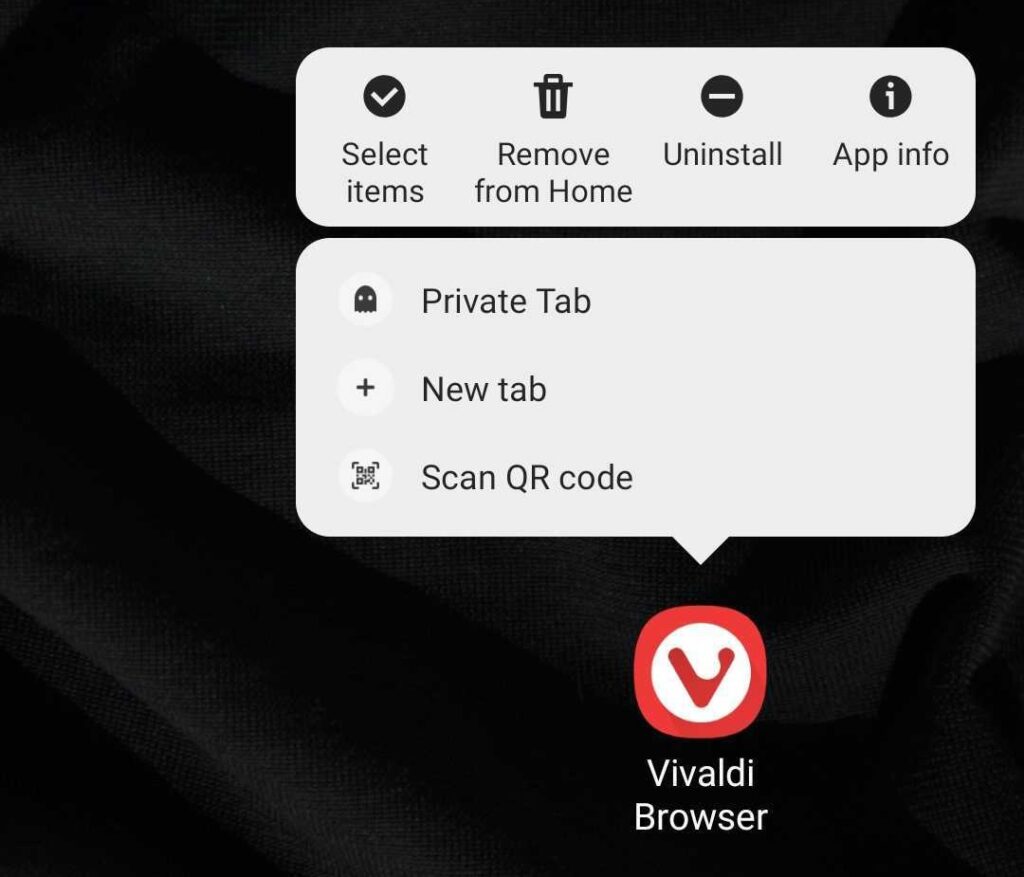 Vivaldi app on the Home screen with access menu open.