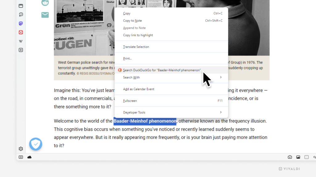 A phrase has been selected on a web page. Right-click context menu is open with "Search DuckDuckGo for "Baader-Meinhof phenomenon"" highlighted.