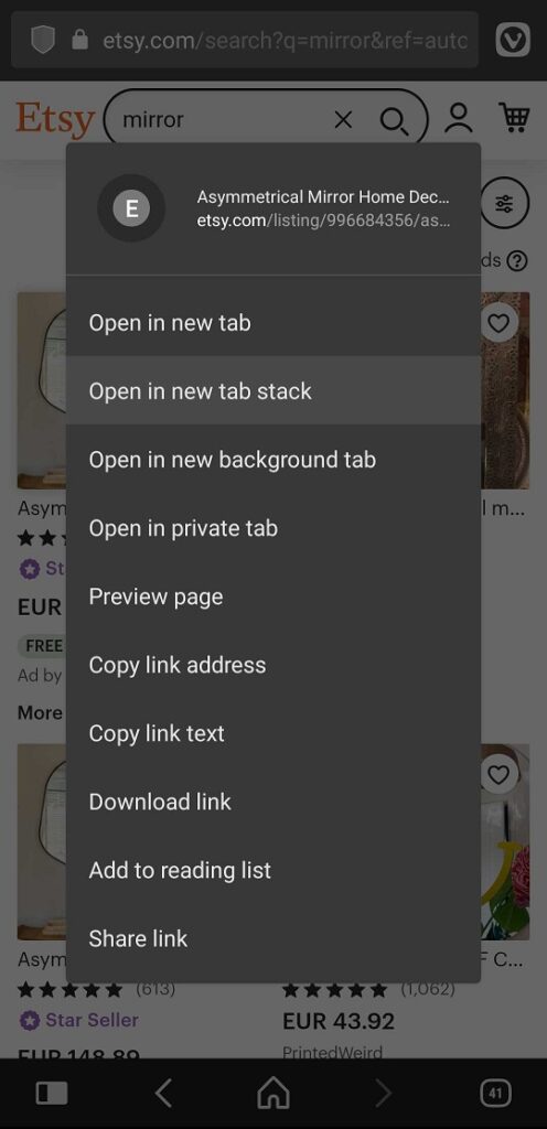 Web link context menu open with Open in new Tab Stack highlighted.