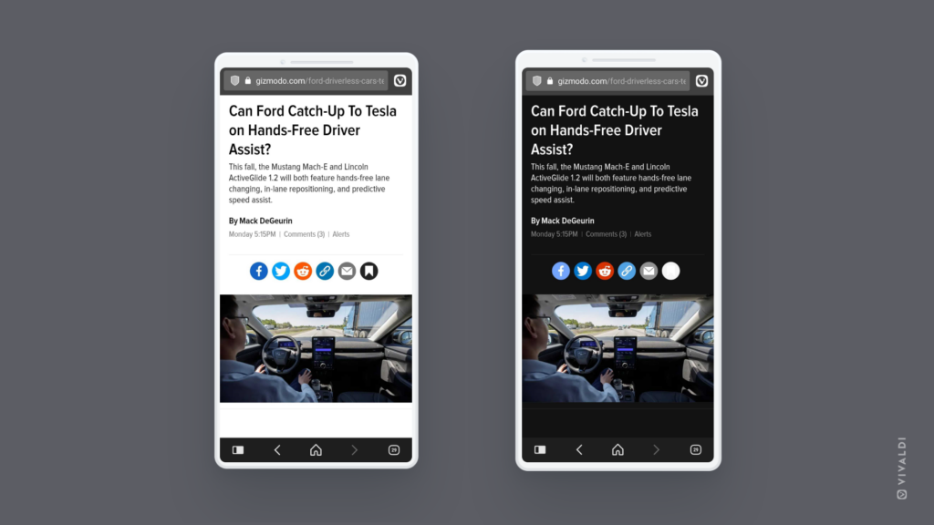 Vivaldi browser on two phones. One with the web page in light mode the second in dark mode.