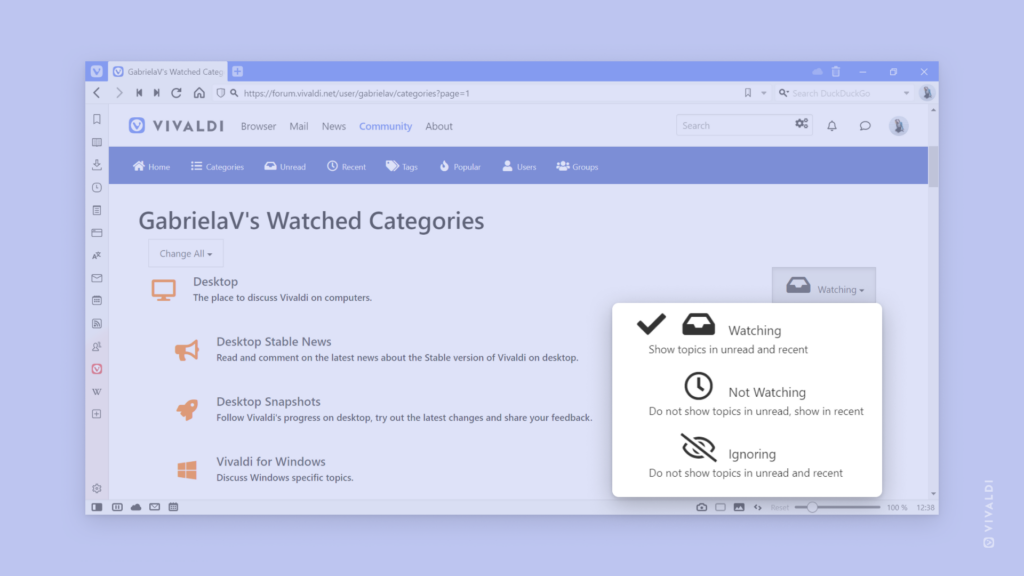 Vivaldi Forum's Watched Categories page with the options menu open for a category.