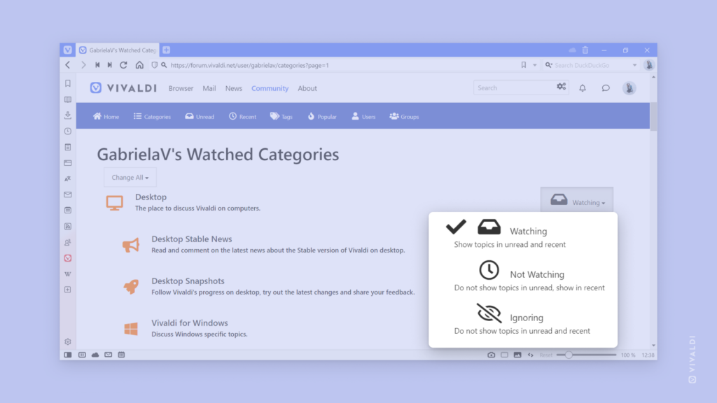 Vivaldi フォーラムのウォッチカテゴリページで、カテゴリのオプションメニューが開いている状態。