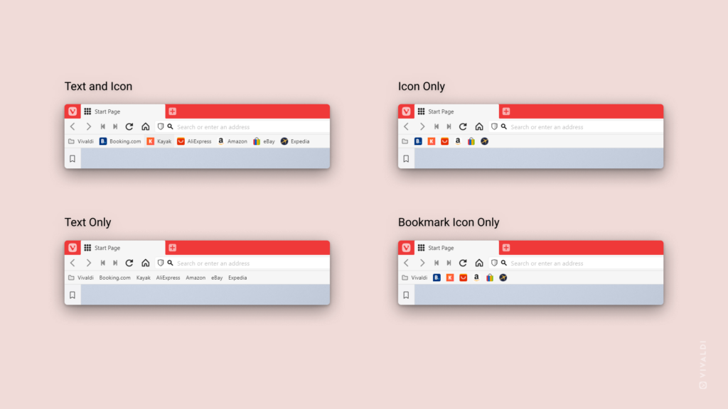 Top left corner of Vivaldi browser shown 4 times. Each showing a different way to display bookmarks and bookmark folders on the Bookmark Bar.