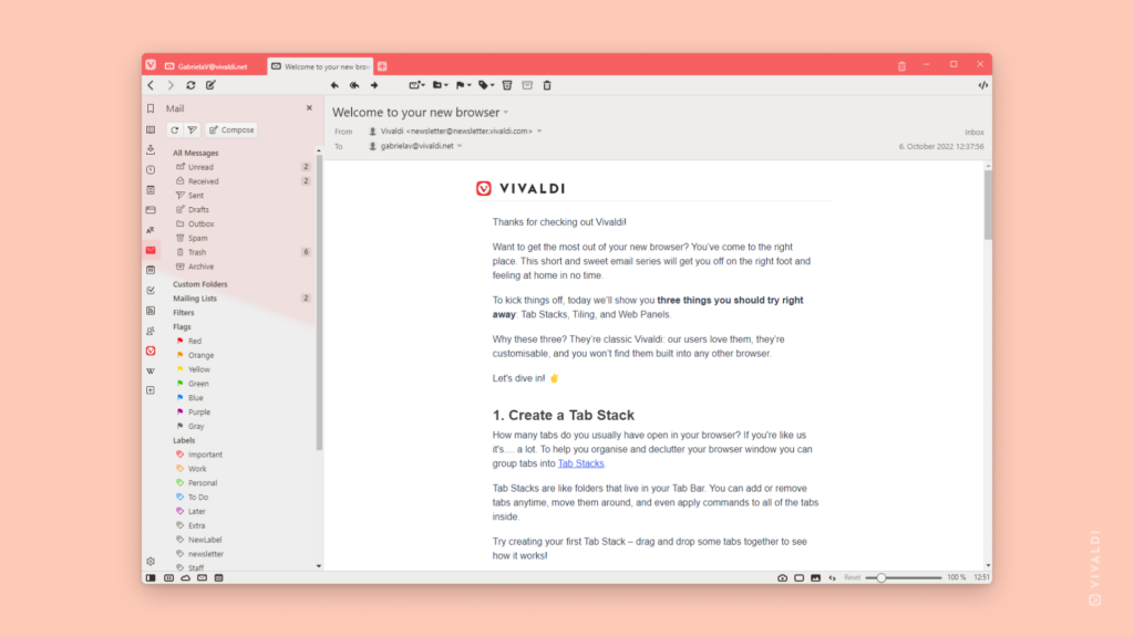 Vivaldi Mail with a message open in a tab and content displayed in HTML.