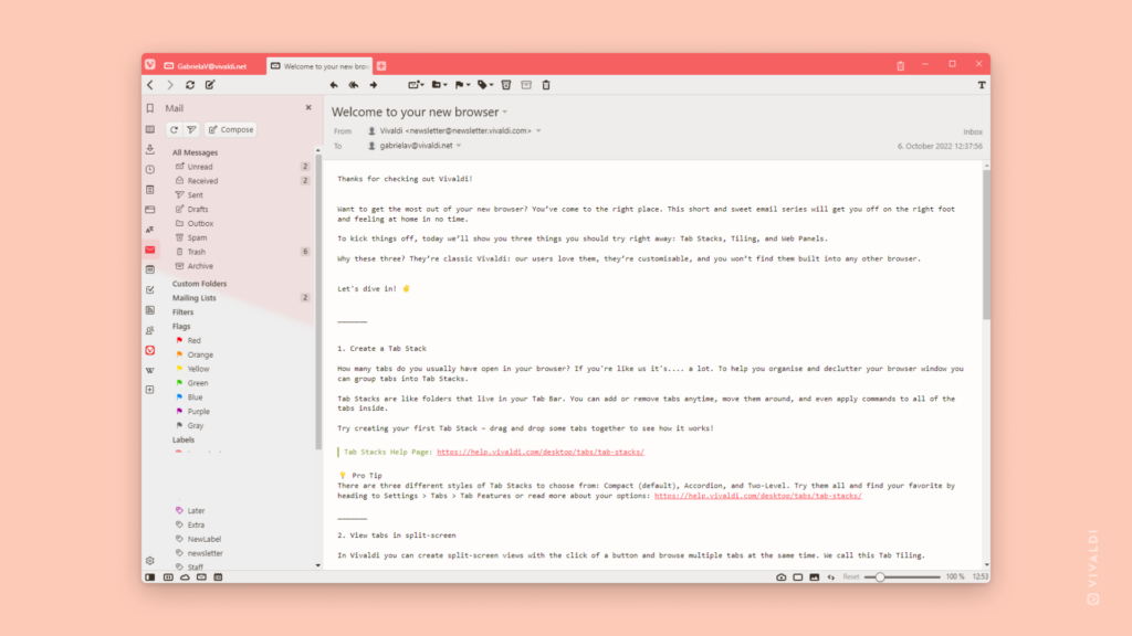 Vivaldi Mail with a message open in a tab and content displayed in plain text.