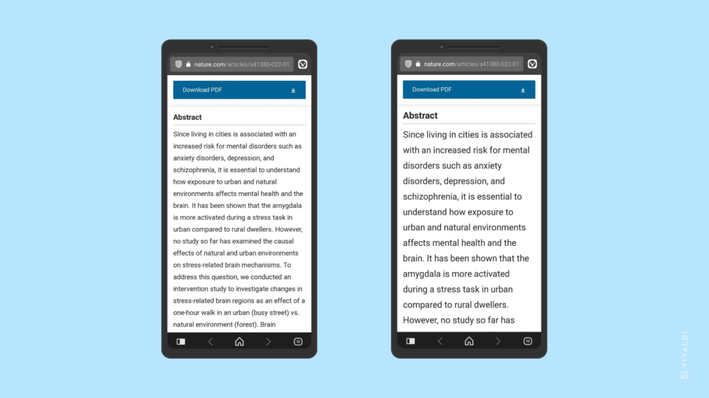 Two phones with the same article open in Vivaldi browser. Left one with 100% text scaling, the right one with 140% text scaling.