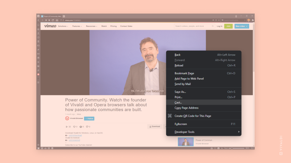 Vivaldi browser window with a Vimeo video about the Vivaldi Community playing in a tab and page context menu open with the Cast option highlighted.