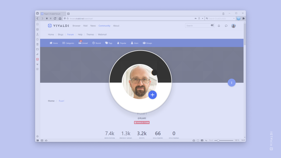 Vivaldi team member Ruari's forum profile open in Vivaldi browser. His profile image with the follow button has been zoomed in on.