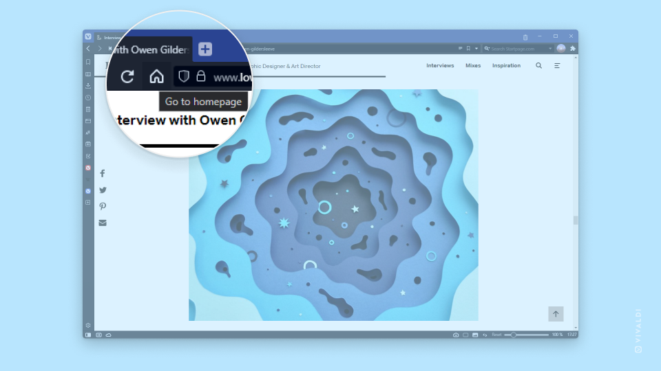 アドレスバーのホームページボタンがズームインされた Vivaldi ブラウザのウィンドウ。