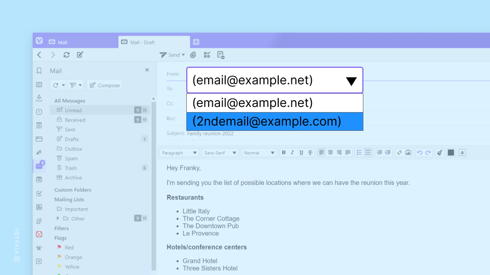 Email composer in Vivaldi Mail with the menu to select the sender email address opened.