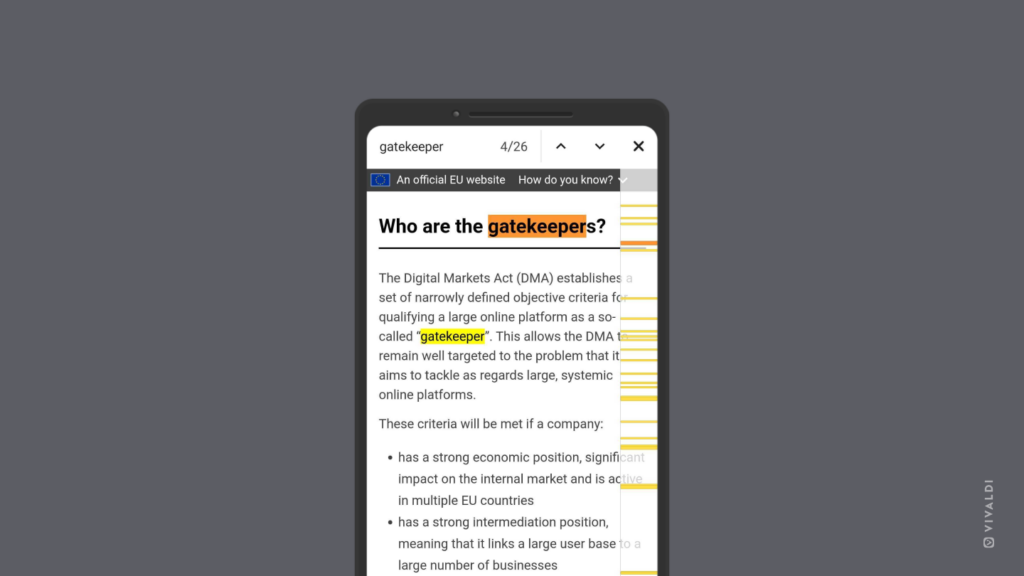 A web page in Vivaldi on Android with Find in Page active and search results for the entered keyword shown.