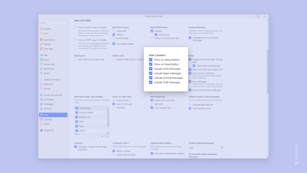 Vivaldi Settings window open on the Mail category with Mail Counters section highlighted.