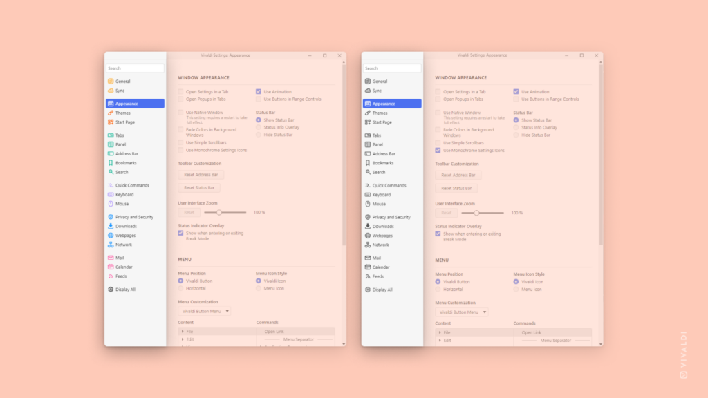 2 Vivaldi settings windows. One with colorful category icons, the other with monochrome icons.