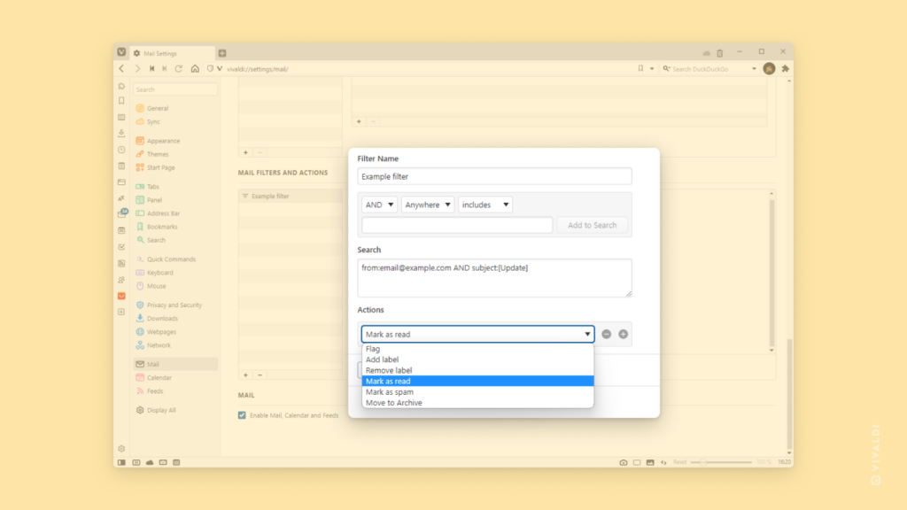 Vivaldi Mail settings - new filter creation in process.