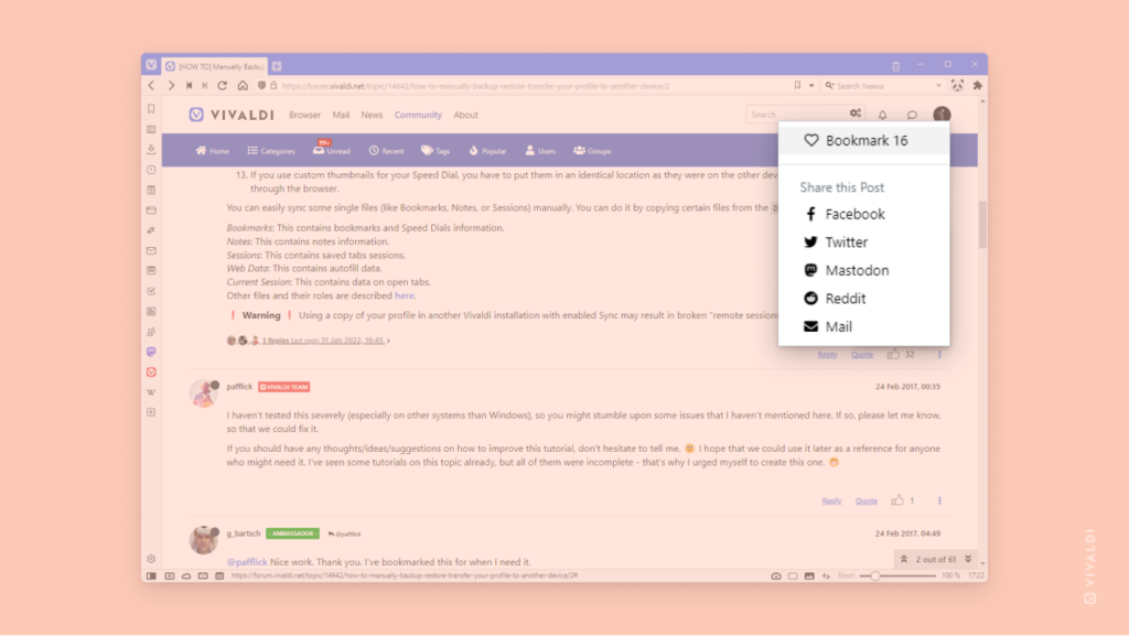 A topic on the Vivaldi Forum open in the Vivaldi Browser. Post menu with the bookmark option is open and highlighted.