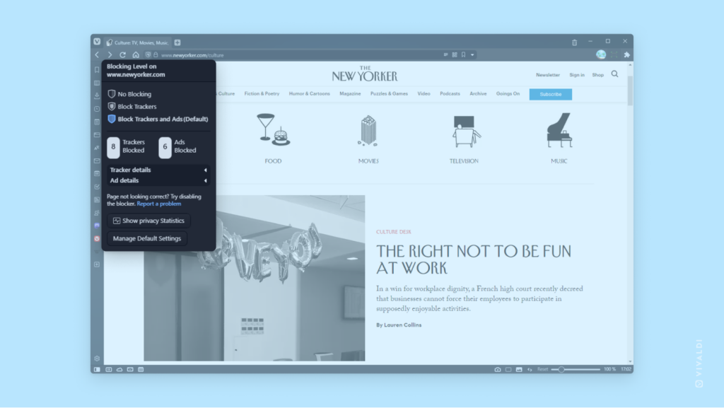 Vivaldi Browser window with a website open. On the foreground, Content Blocking menu has been opened, which shows the blocking level options and current Tracker and Ad blocker statistics.