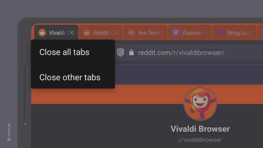 Vivaldi on Android on a device that has been flipped horizontally. Tab Bar has been enabled and the long press menu with "Close Other Tabs" option" is open and highlighted.