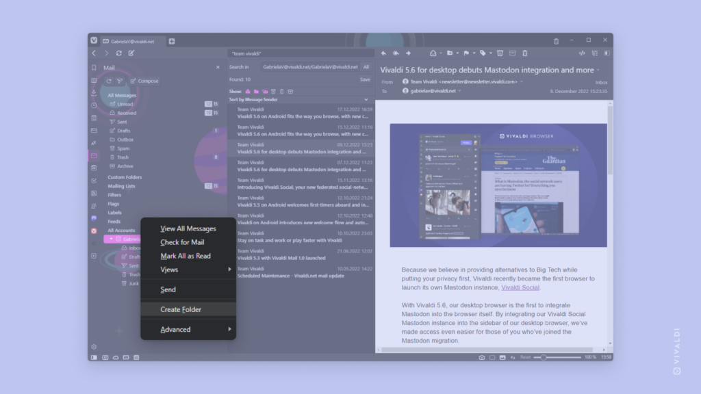 Vivaldi Mail with the mail account's context right-click context menu open in Mail Panel to create a new IMAP folder highlighted.