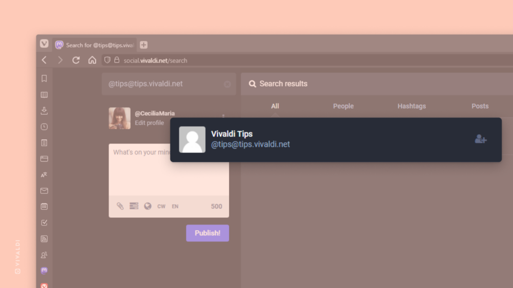 Vivaldi ブラウザで開いている Vivaldi Social の画面です。検索結果で Vivaldi Tips アカウントが表示され、その横にある Follow ボタンがハイライトされています。