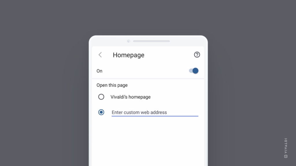 Vivaldi on Android's Settings open at the Homepage settings. 