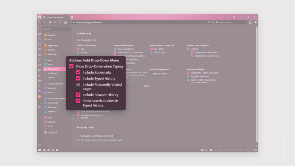 Address Bar settings in Vivaldi. Address Field Drop-Down menu section has been highlighted.