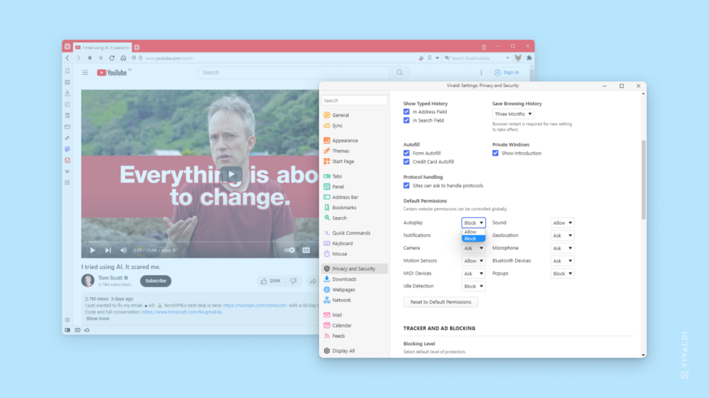 In the foreground, Autoplay settings are open in the Settings window. In the background, there's a Vivaldi window with a YouTube video by Tom Scott with a play button on the video, instead of a video captured mid play.