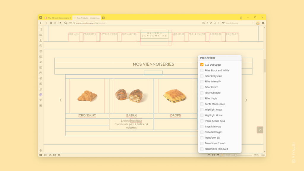 Vivaldi で開かれているウェブサイトに CSS デバッガーページアクションが有効になっている状態。ページアクションメニューが前面に表示されています。
