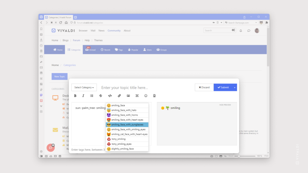 Vivaldi Forum with the post composer open with two emojis already entered and a third one being added.