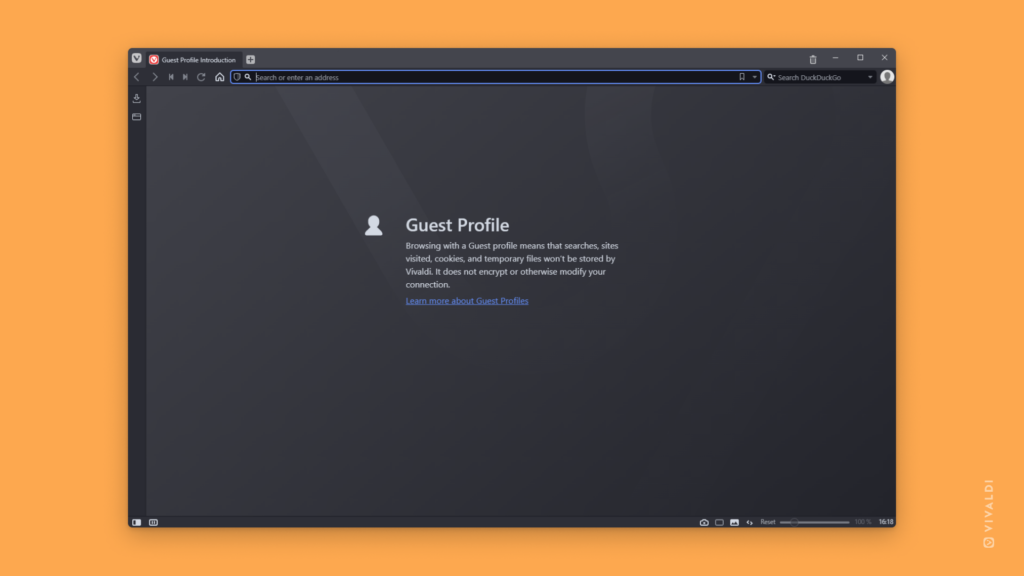 Vivaldi Browser's Guest Profile open on the intro page.