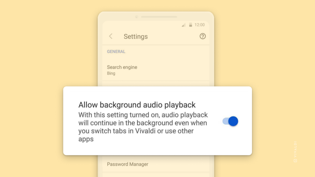 Settings page in Vivaldi on Android, with Allow background audio playback setting highlighted.