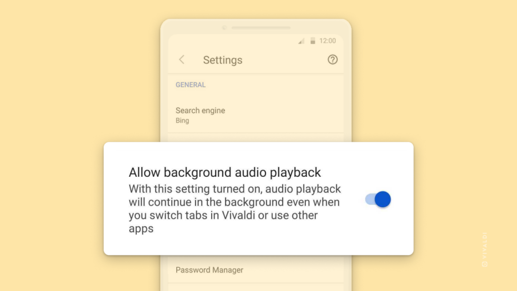 Android 版 Vivaldi の設定ページで、「バックグラウンドオーディオ再生を許可」設定が強調表示されている状態。