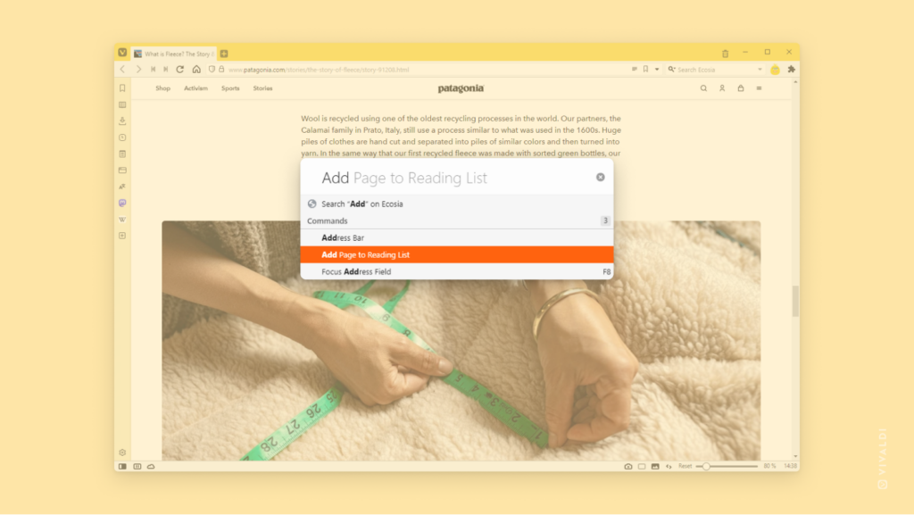 Vivaldi ブラウザで記事を開いた状態。前面にはクイックコマンドが表示され、検索フィールドに「Add」と入力されている。「Add Page to Reading List」のオプションが検索結果でハイライトされている。