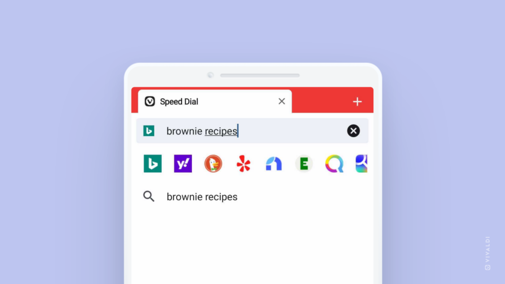 Vivaldi on Android, with a search term being entered in the Address Field and available search engines listed below it.