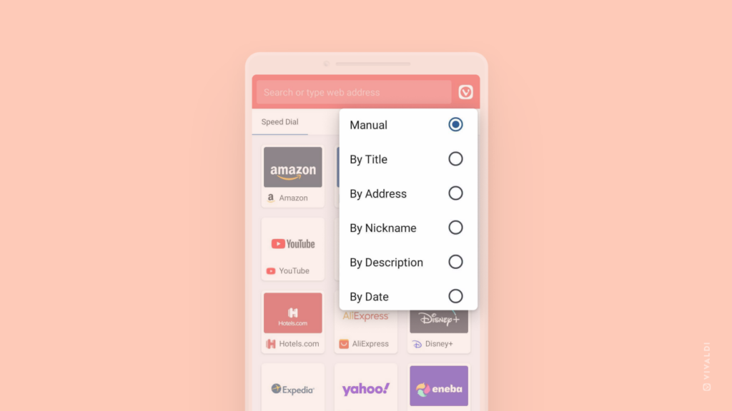 Android 版 Vivaldi のスタートページに表示されたスピードダイヤル。並べ替えメニューが開かれ、強調表示されています。