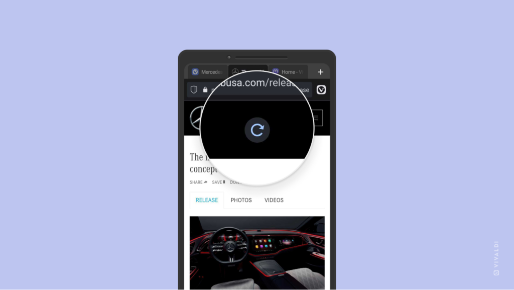 Android 版 Vivaldi のウェブページ上に再読み込みアイコンが表示されている様子。