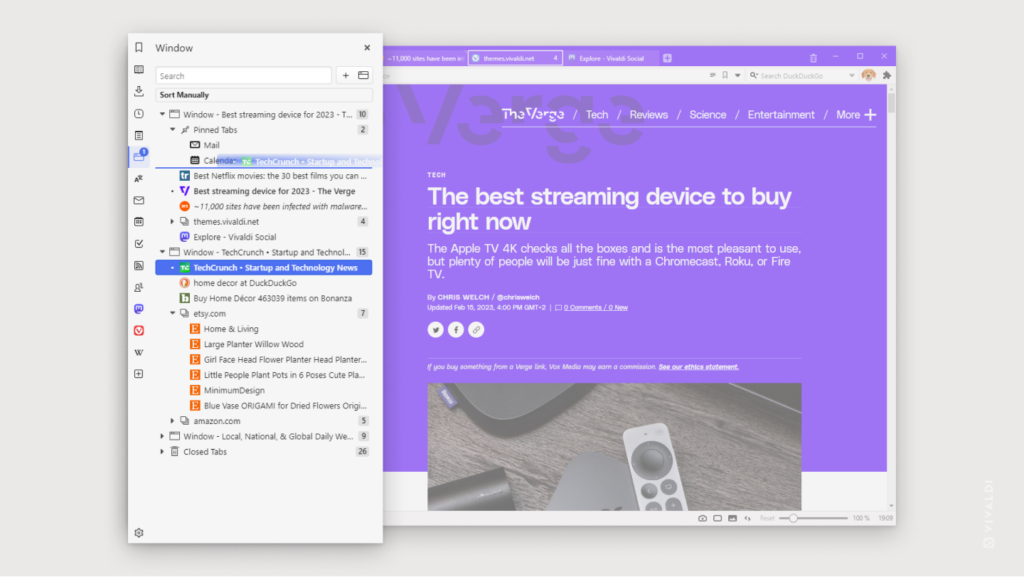 Vivaldi Browser with Window Panel open and a tab being dragged from one window to another.