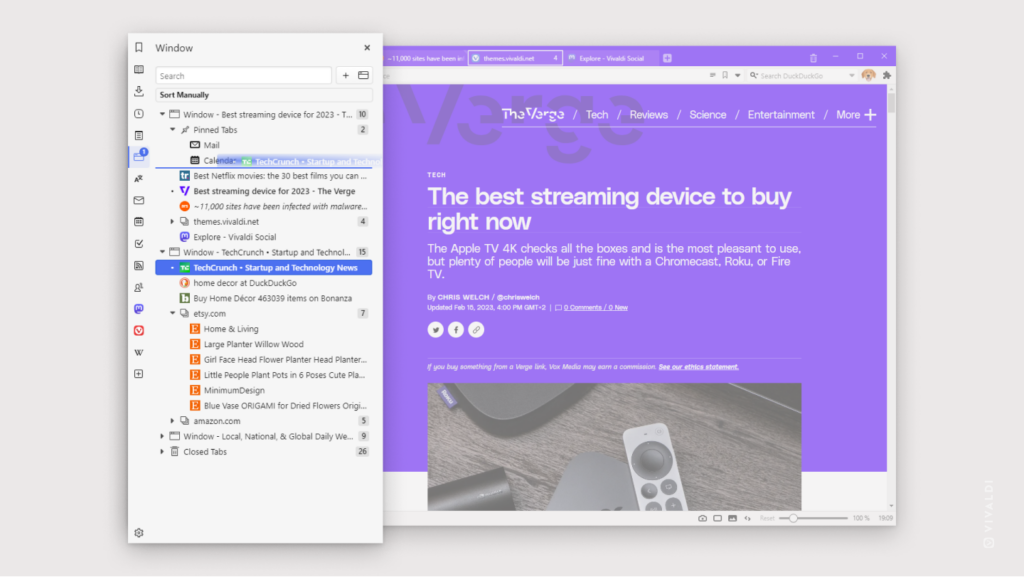 ウィンドウパネルが開いている Vivaldi ブラウザで、タブが1つのウィンドウから別のウィンドウにドラッグされている状態。