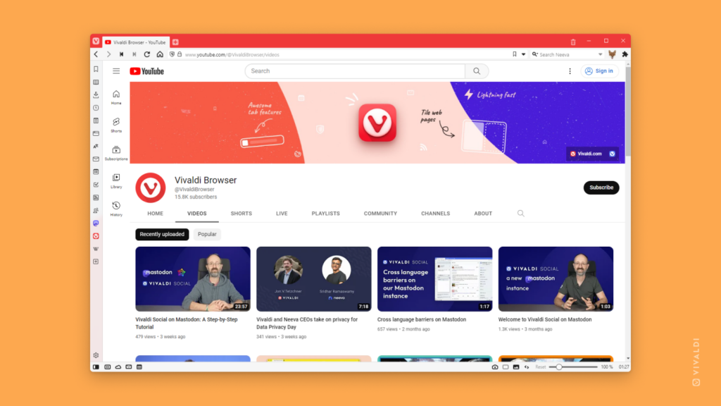 Vivaldi で開かれた Vivaldi の YouTube チャンネル。