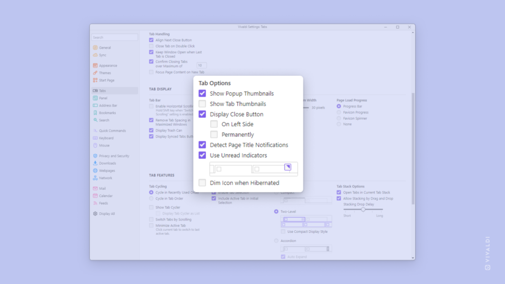 Tab Settings in Vivaldi with Tab Options highlighted.