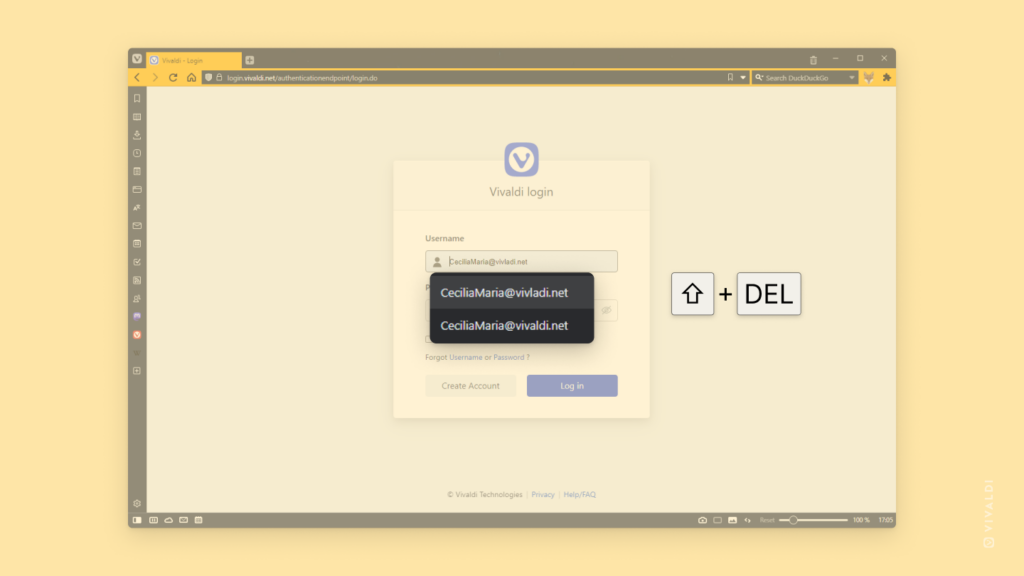 Vivaldi.net のログインページで、ユーザー名のオートフィル候補が 2 つ表示されている。タイプミスのあるものがハイライトされ、削除の準備ができている。
