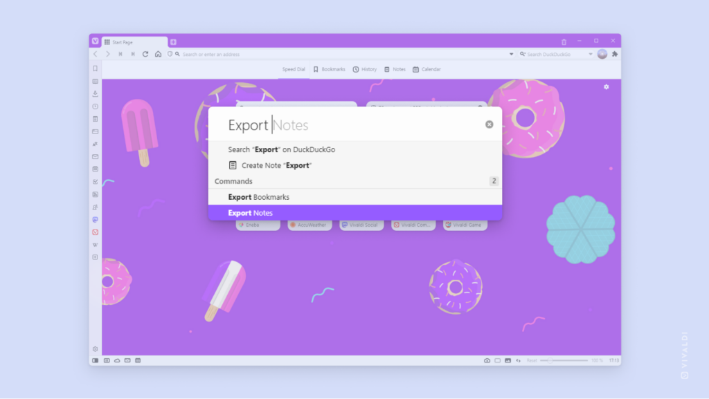 "Export Notes" being typed in Quick Commands in Vivaldi browser.