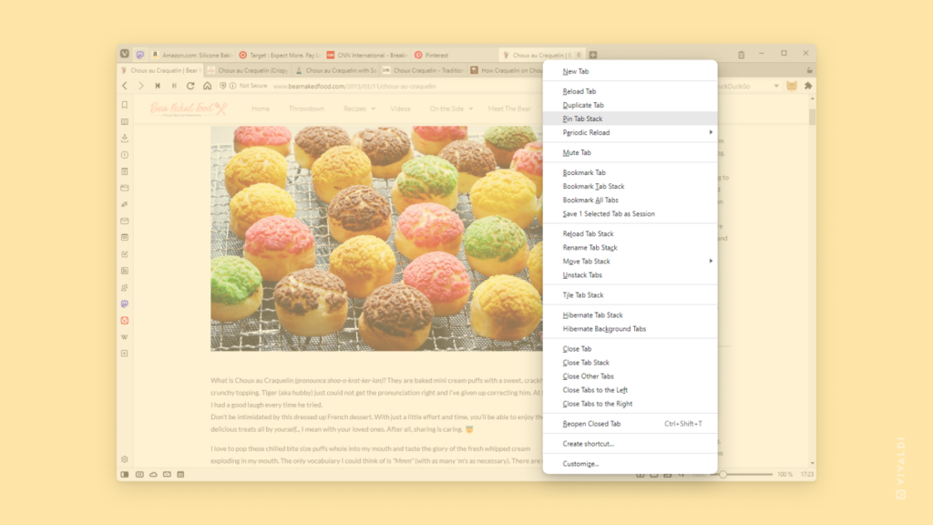 Vivaldi browser window with a Tab Stack being pinned. Context menu with the Pin Tab Stack option is highlighted.