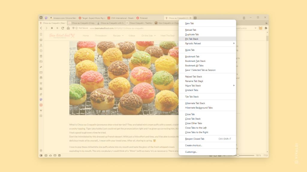 タブスタックを固定した Vivaldi ブラウザウィンドウ。タブスタックをピン留めするオプションのあるコンテキストメニューが強調表示されています。