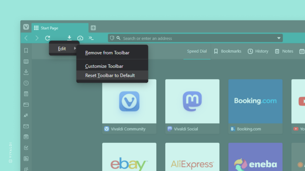 Right-click menu to reset the navigation toolbar open in Vivaldi.
