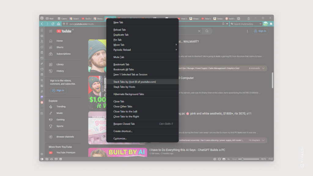 Tab's context menu open in Vivaldi with Stack Tabs by Host highlighted.