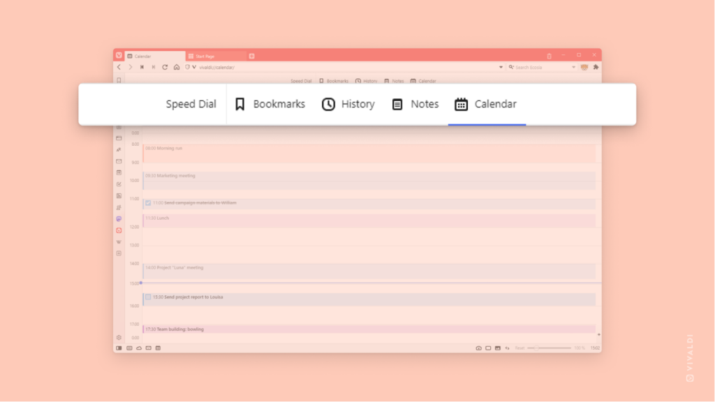 Vivaldi Calendar with Start Page navigation enabled.