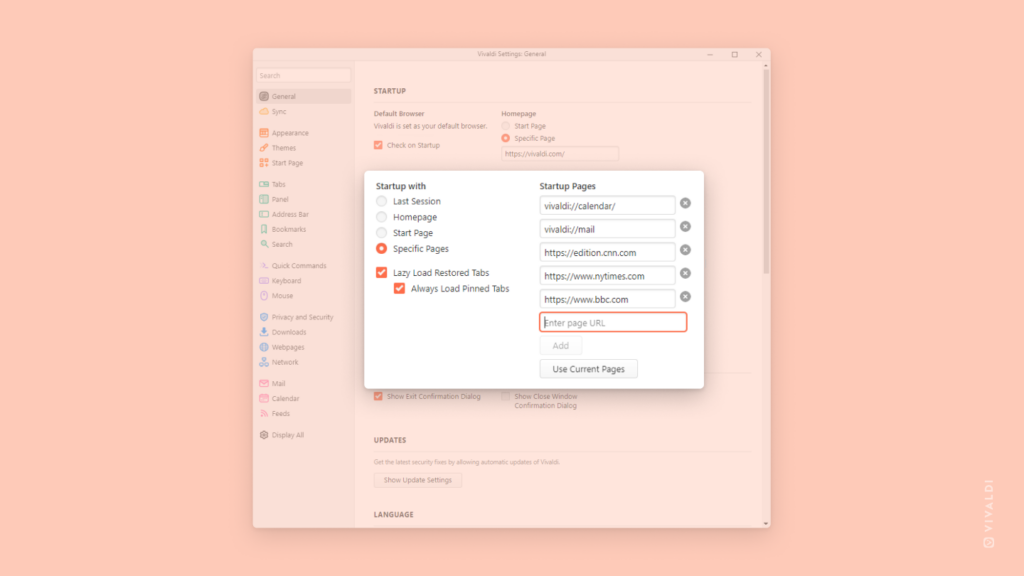 Vivaldi Browser settings window with Startup with section highlighted.
