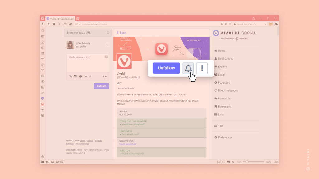 Vivaldi account open on Vivaldi Social. Unfollow, Notify and menu buttons are highlighted with a mouse cursor hovering over the Notify button. 