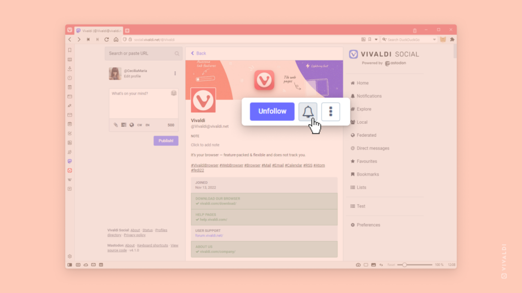 Vivaldi Social で Vivaldi アカウントが開かれている画面。通知ボタンの上にマウスカーソルが乗っており、「フォロー解除」「通知」「メニュー」ボタンがハイライトされています。